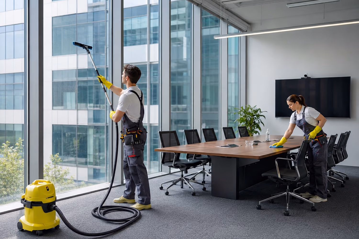 Gebäudereinigung: Zwei Reinigungskräfte in Firmenkleidung reinigen einen großen Konferenzraum: Die Mitarbeiterin wischt Staub von einem großen Konferenztisch, der Mitarbeiter reinigt große bodentiefe Fenster mit einem speziellen Reinigungsgerät.