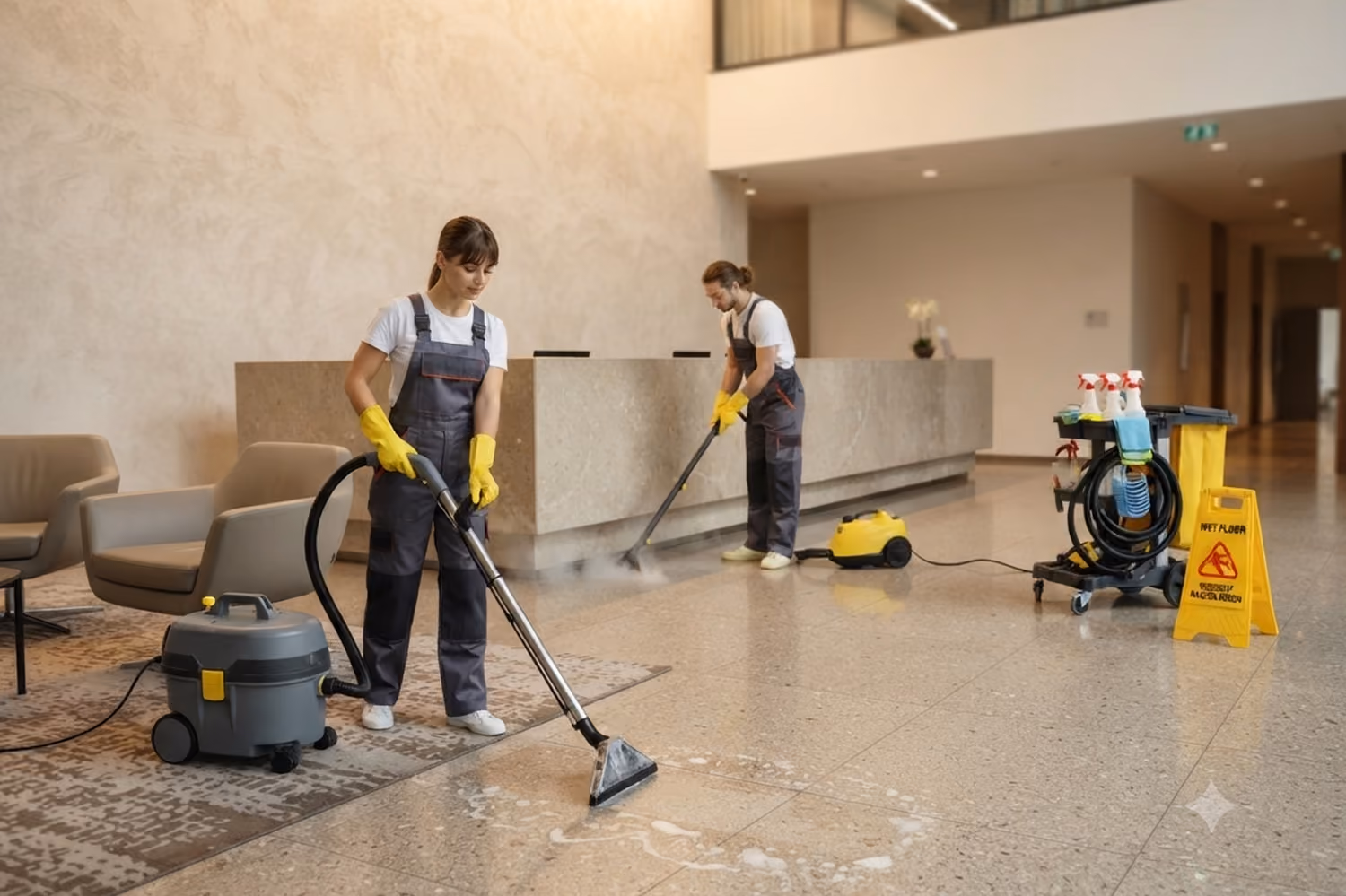 Gebäudereinigung: Zwei Reinigungskräfte in Firmenkleidung reinigen eine Empfangshalle: Beide reinigen den Boden mit Waschsaugern; daneben stehen ein Reinigungswagen mit Reinigungsmitteln und ein gelbes Warnschild „Vorsicht, nasser Boden“.