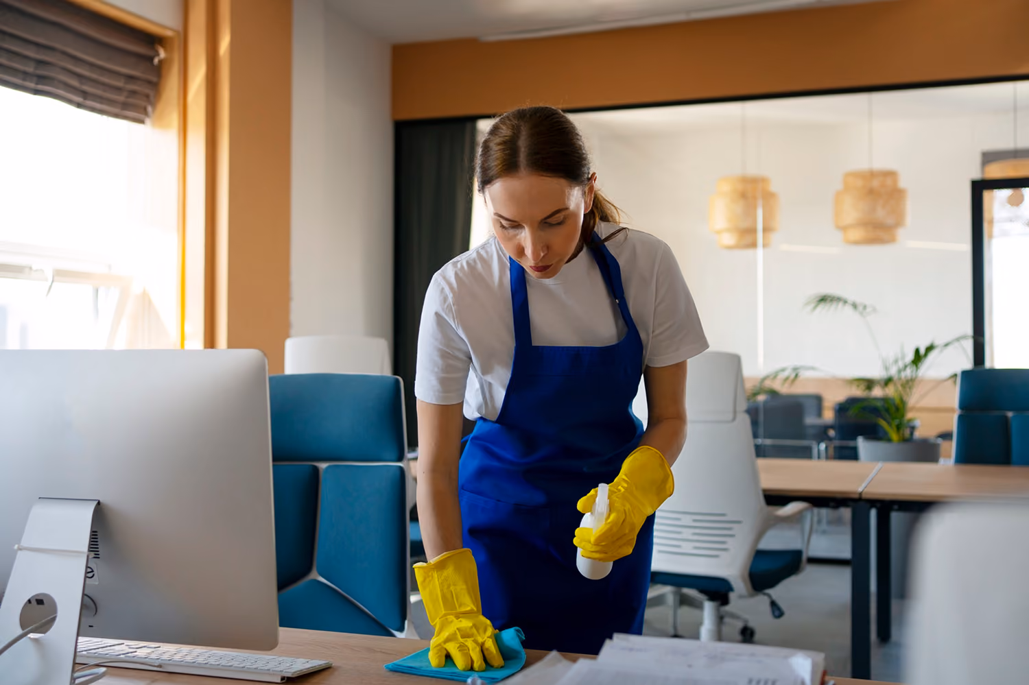 Büroreinigung: Reinigungskraft in Firmenkleidung reinigt ein Büro: Sie wischt Staub von einem Schreibtisch mit einem speziellen Reinigungsmittel und einem Tuch.