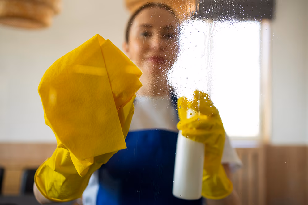 Grundreinigung: Reinigungskraft in Firmenkleidung reinigt eine Glaswand mit einem gelben Tuch und einer Sprühflasche mit Glasreiniger.