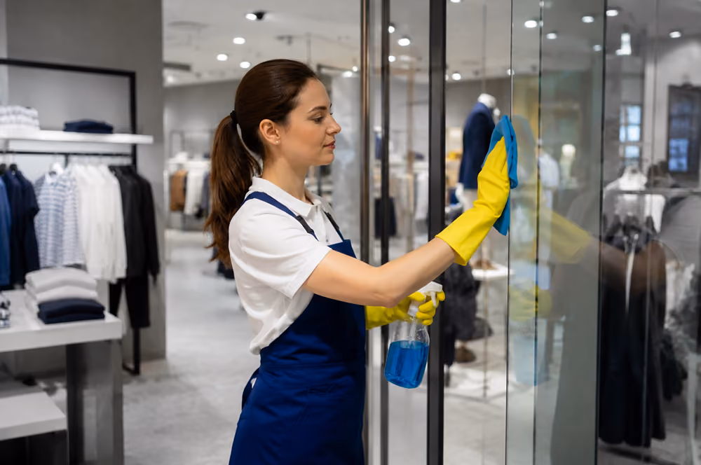 Ladenlokalreinigung: Reinigungskraft in Arbeitskleidung reinigt in einem Bekleidungsgeschäft eine Glasvitrine mit einem speziellen Reinigungsmittel und einem Tuch.