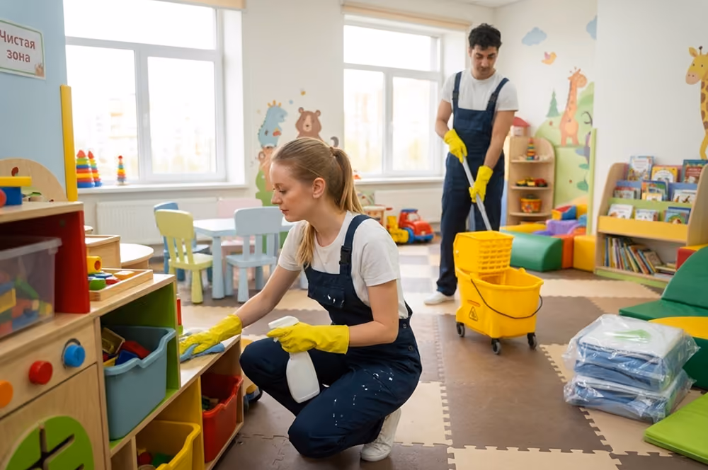 Kita- und Schulreinigung: Zwei Reinigungskräfte in Firmenkleidung reinigen einen Kindergarten: Der Mitarbeiter wischt den Boden mit einem Wischmopp, neben ihm steht ein Reinigungswagen mit Reinigungsmitteln; die Mitarbeiterin wischt Staub von Kinderregalen mit Spielzeug.