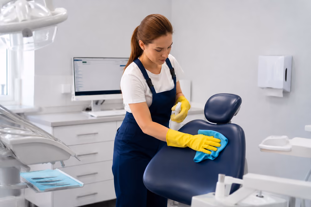 Praxis- und Klinikreinigung: Reinigungskraft in Firmenkleidung reinigt einen Behandlungsstuhl mit einem speziellen Reinigungsmittel und einem Tuch.