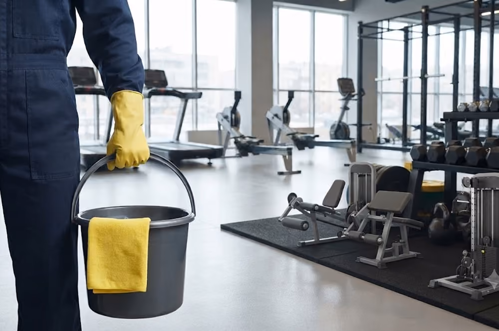 Gebäudereinigung: Reinigungskraft in Firmenkleidung befindet sich in einem Fitnessstudio mit verschiedenen Trainingsgeräten; er hält einen Eimer in der Hand, auf dem ein gelbes Reinigungstuch liegt.