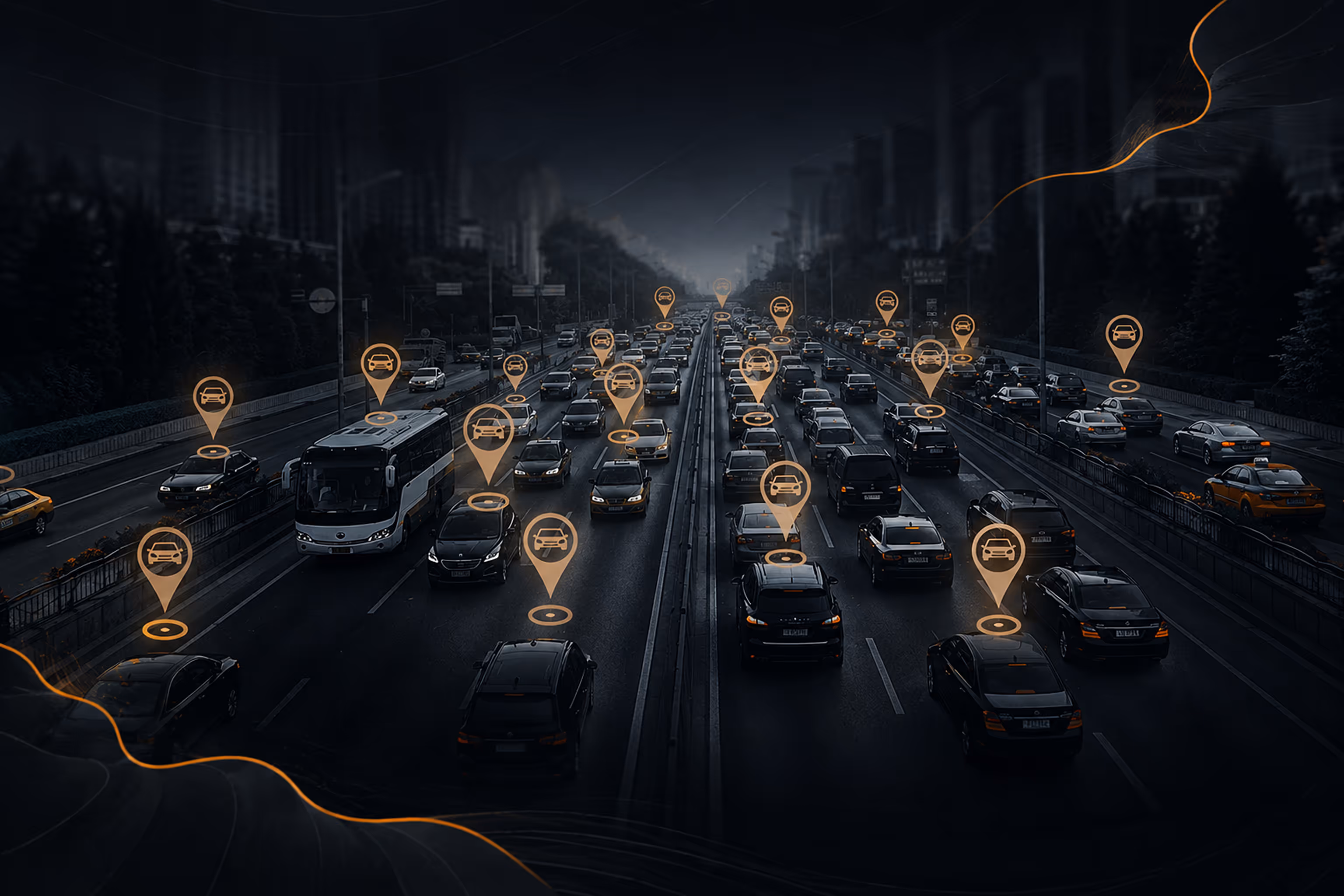 Нічний трафік на багатосмуговій дорозі з позначками GPS над автомобілями.