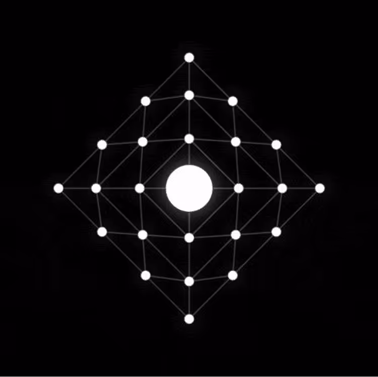 White nodes connected by lines form a diamond shape with a large central glowing circle on a black background.