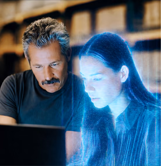 Man looking at laptop beside a glowing blue digital hologram of a woman’s face and upper body.