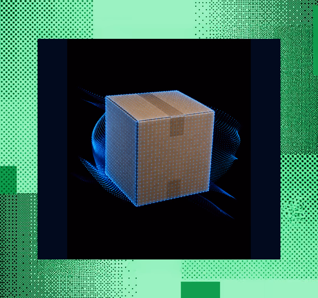 Cardboard box surrounded by a blue digital grid pattern on a black square background.