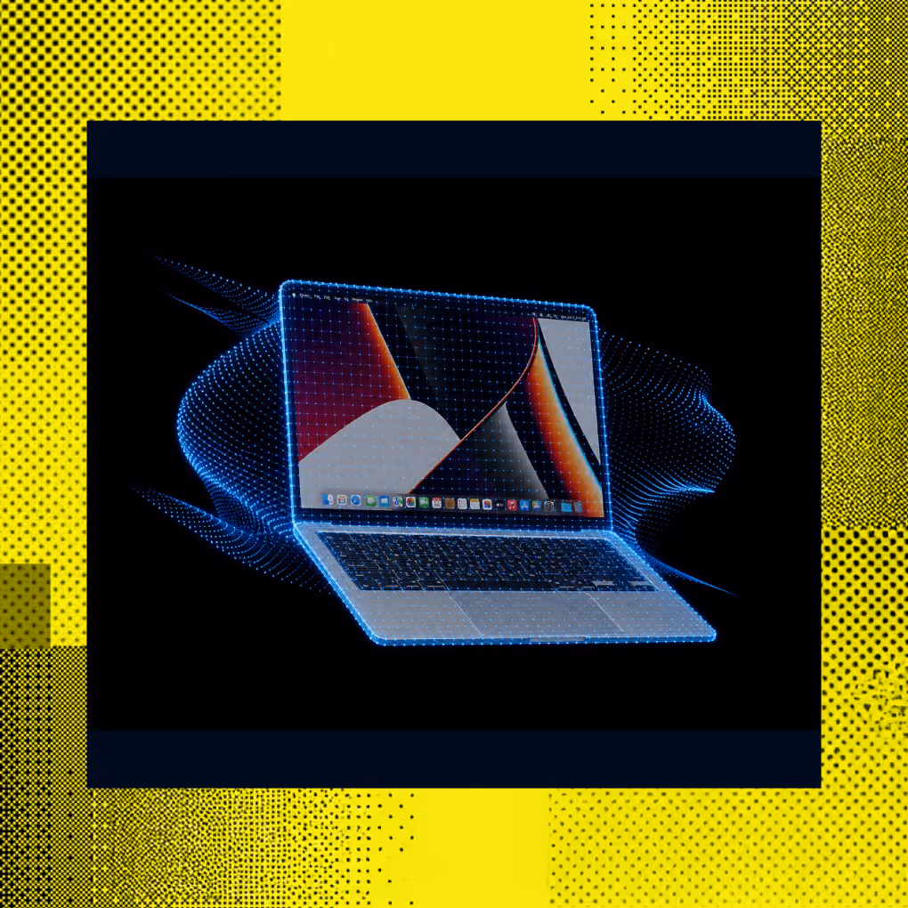 Glowing blue digital wireframe of an open laptop with a colorful abstract screen on a black background.
