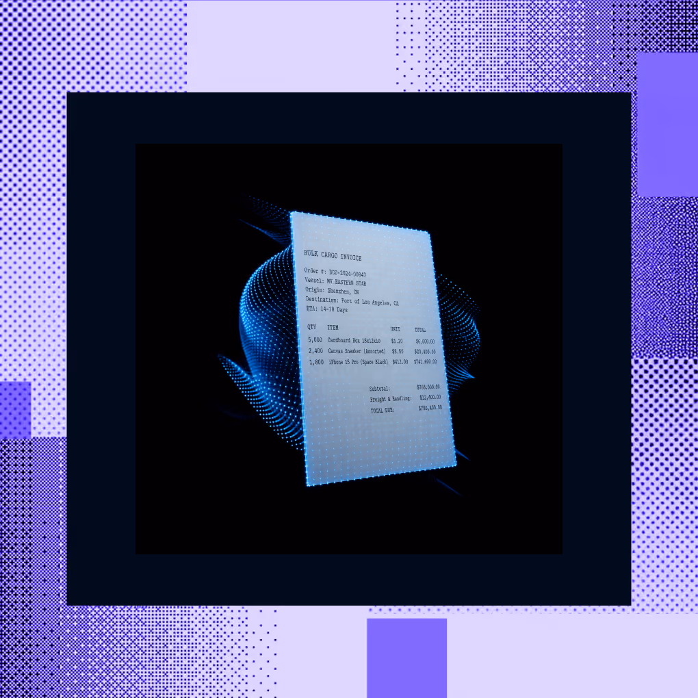 Digital bulk cargo invoice with order details and itemized list against abstract blue background.