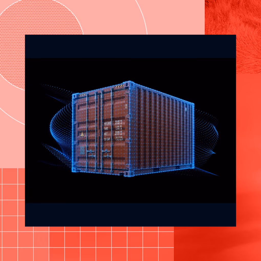 Red shipping container with blue digital grid overlay on black background.