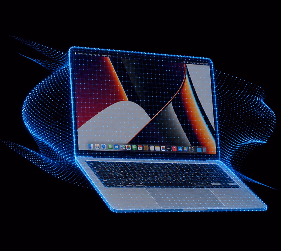 Laptop outlined with glowing blue digital grid on a black background, showing colorful screen and keyboard.