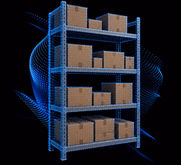 Metal storage rack with various sized cardboard boxes on four shelves and blue digital mesh overlay.