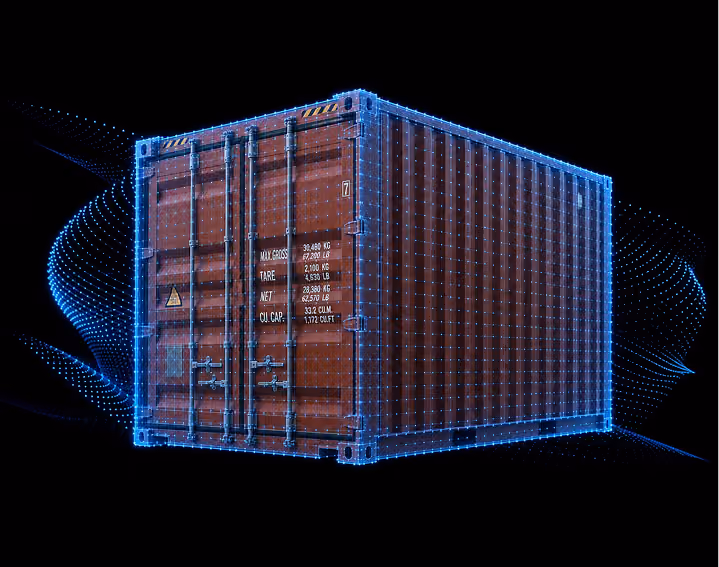 3D digital rendering of a red shipping container outlined in blue glowing dots on black background.