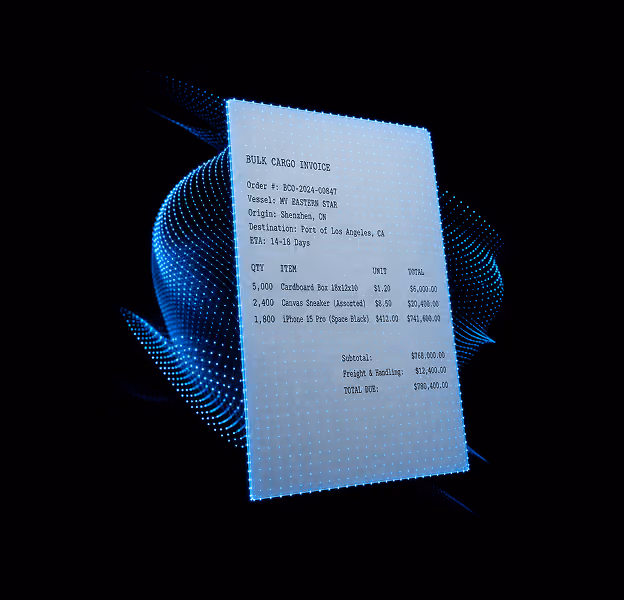 Digital bulk cargo invoice showing order details, items, quantities, prices, and total amount due.