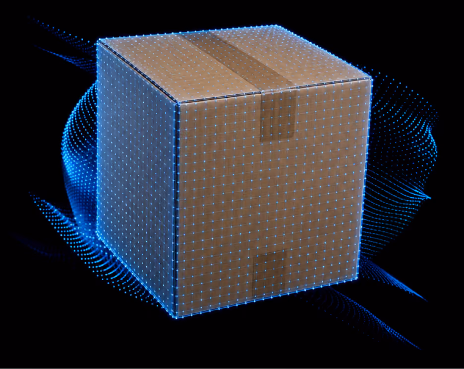 Closed cardboard box with glowing blue grid pattern and flowing blue particles on black background.