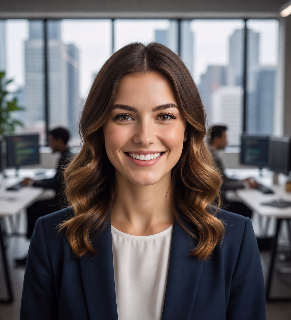 Smiling businesswoman with wavy hair in navy blazer in modern office with coworkers in background.