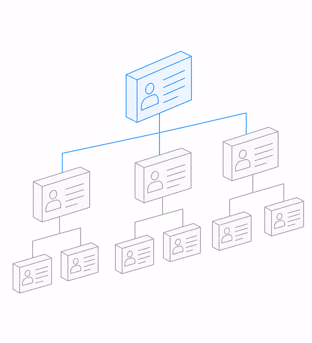 Isometric organizational chart with one highlighted top box connected to three mid-level boxes and six lower-level boxes.