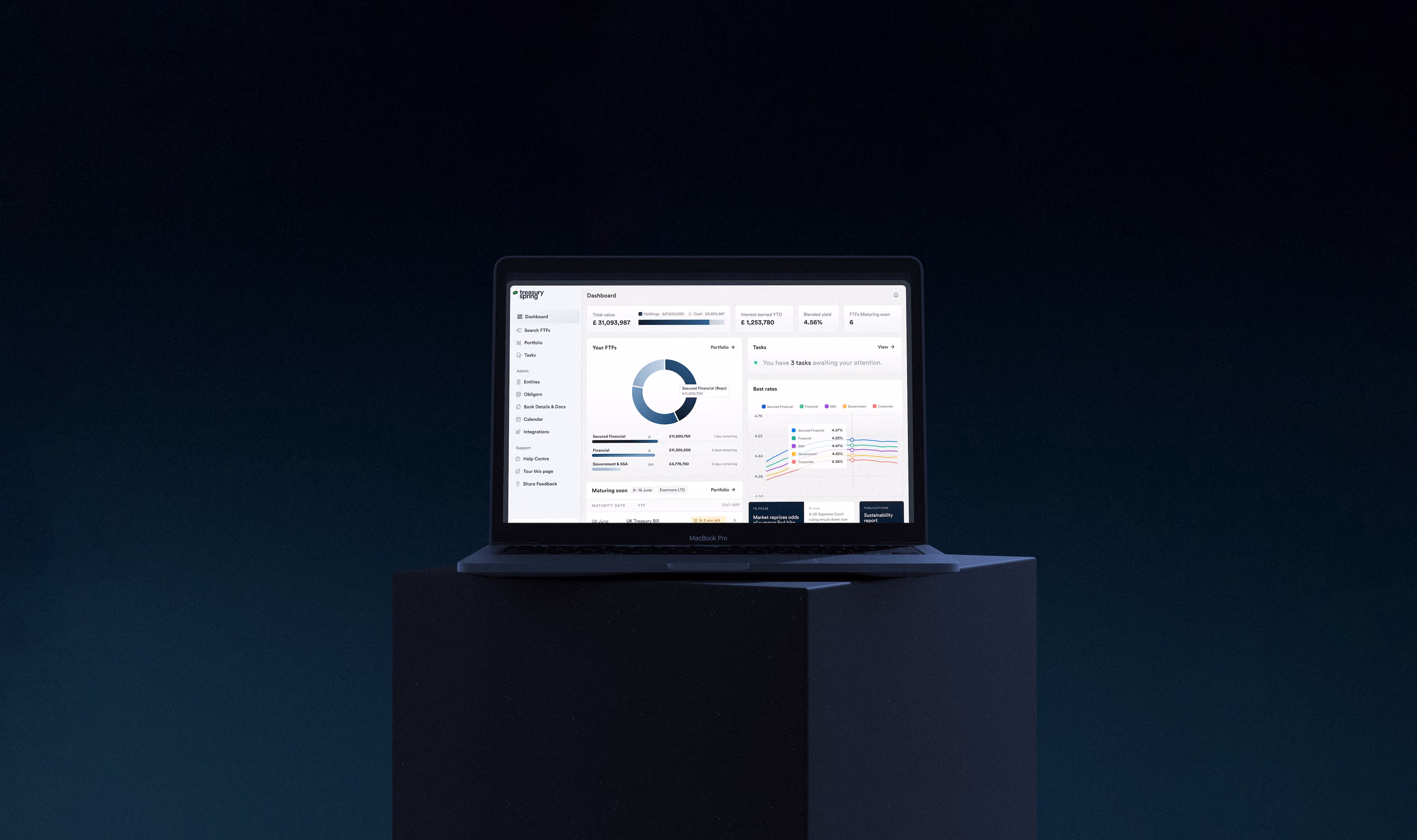 MacBook Pro laptop on black pedestal displaying financial dashboard with charts and portfolio data.