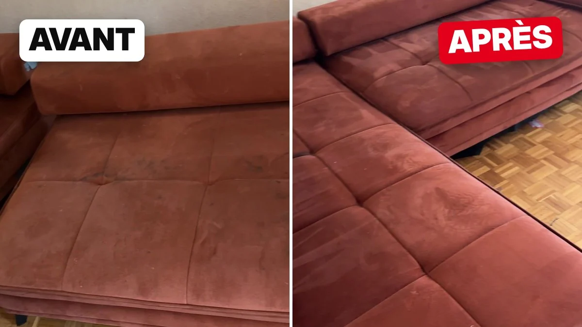 Canapé d'angle en daim terracotta, avant et après le nettoyage sur place