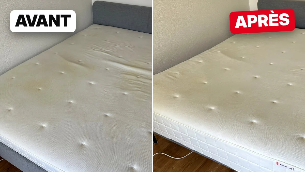 Matelas aux taches jaunies, avant et après le nettoyage sur place