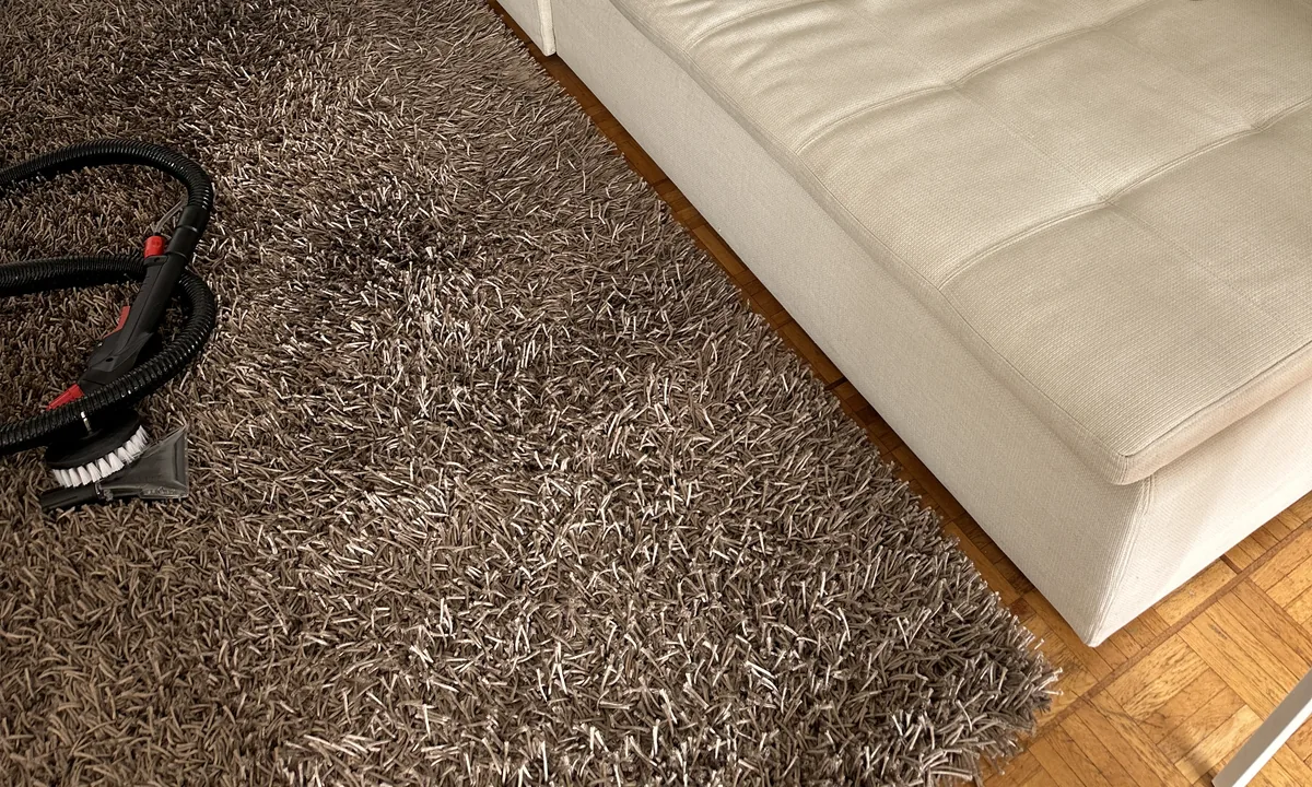 Tapis à poils longs brun pendant le nettoyage sur place, devant un canapé blanc
