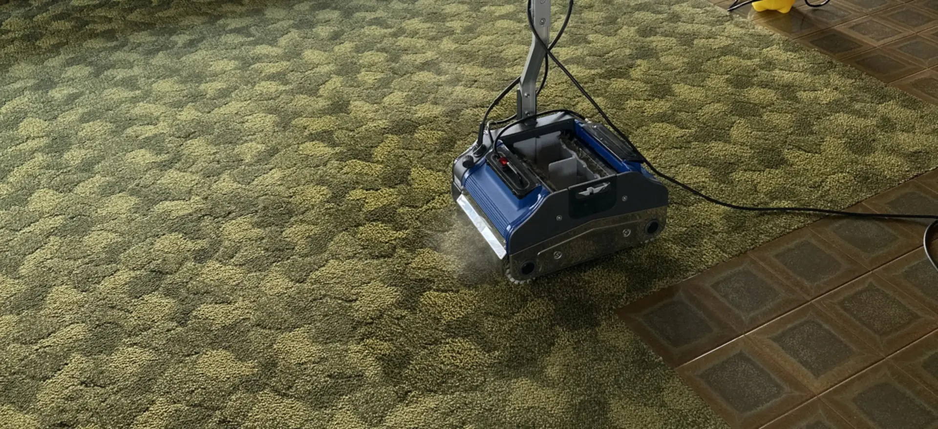 Machine professionnelle en train de nettoyer une moquette verte dans un salon, chez un client