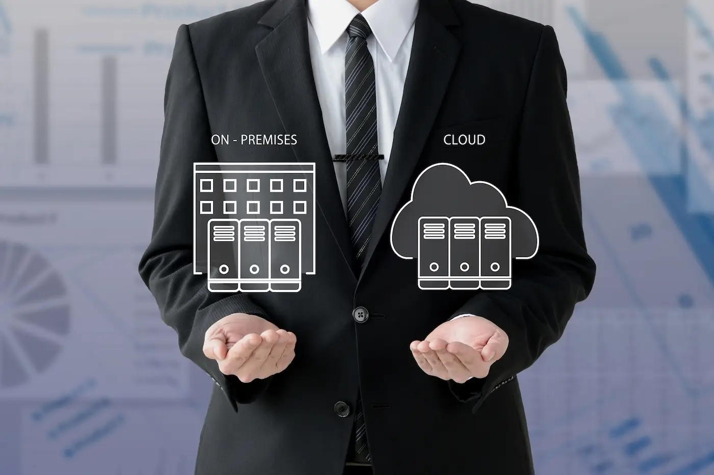 Person in suit holding icons of on-premises servers and cloud servers in open palms.