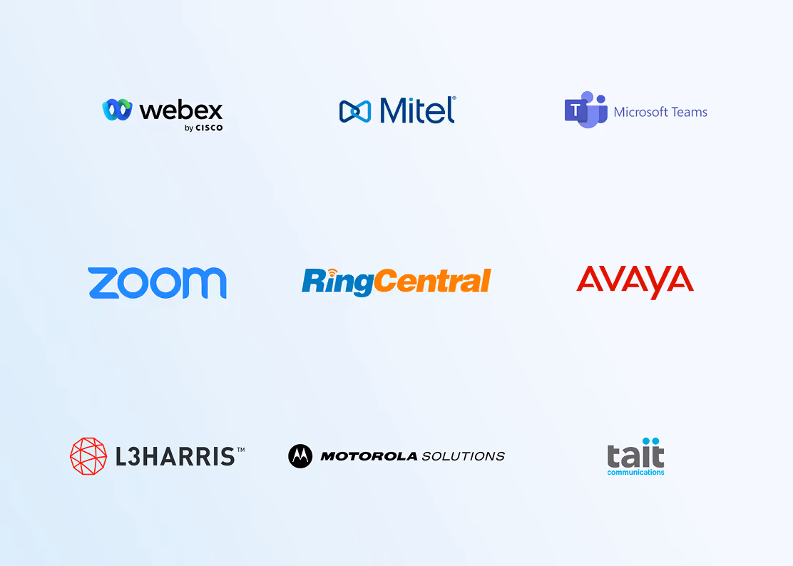 Logos of communication companies Webex, Mitel, Microsoft Teams, Zoom, RingCentral, Avaya, L3Harris, Motorola, and Tait.