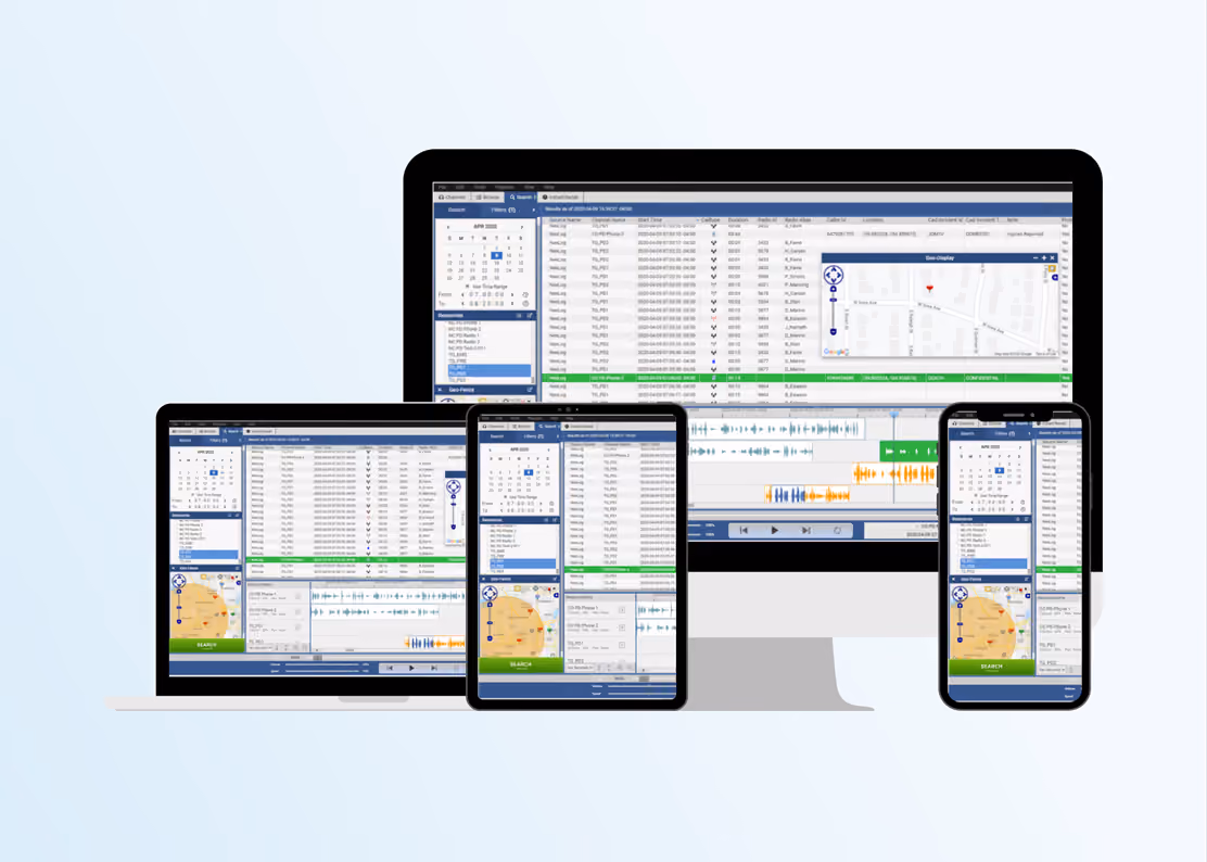 Digital interface with lists, calendar, map, and audio waveforms shown on multiple devices.