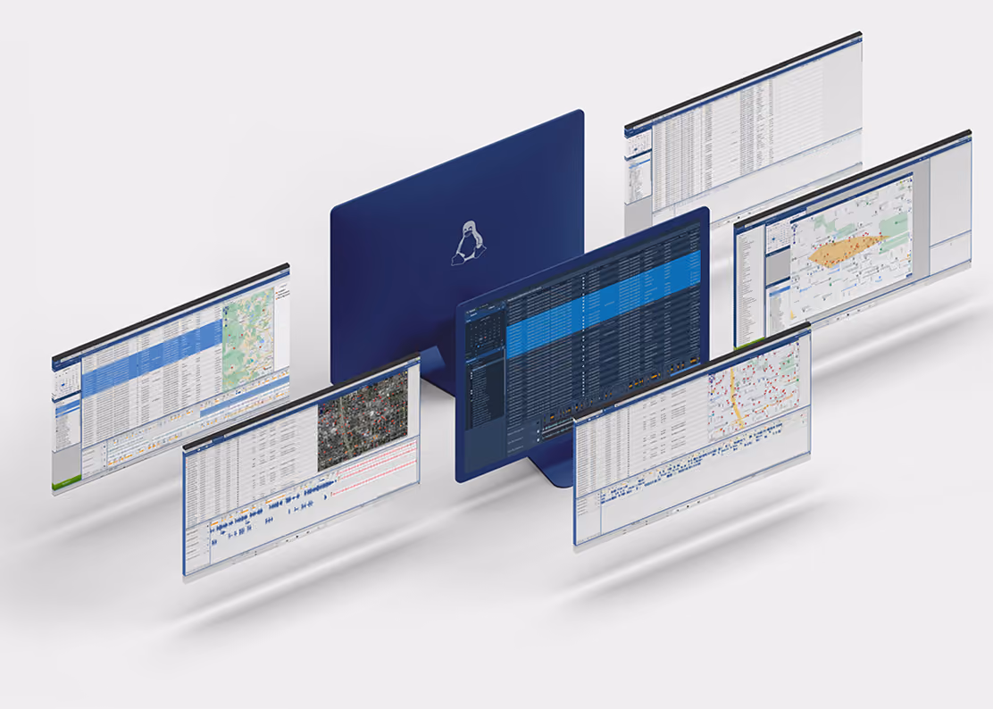 Multiple floating computer windows showing maps, data tables, and analytics around a dark blue monitor.