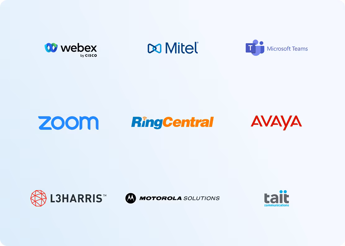 Logos of tech companies Webex, Mitel, Microsoft Teams, Zoom, RingCentral, Avaya, L3Harris, Motorola Solutions, and Tait.