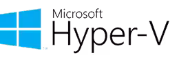 Microsoft Hyper-V logo with blue window symbol and gray text.