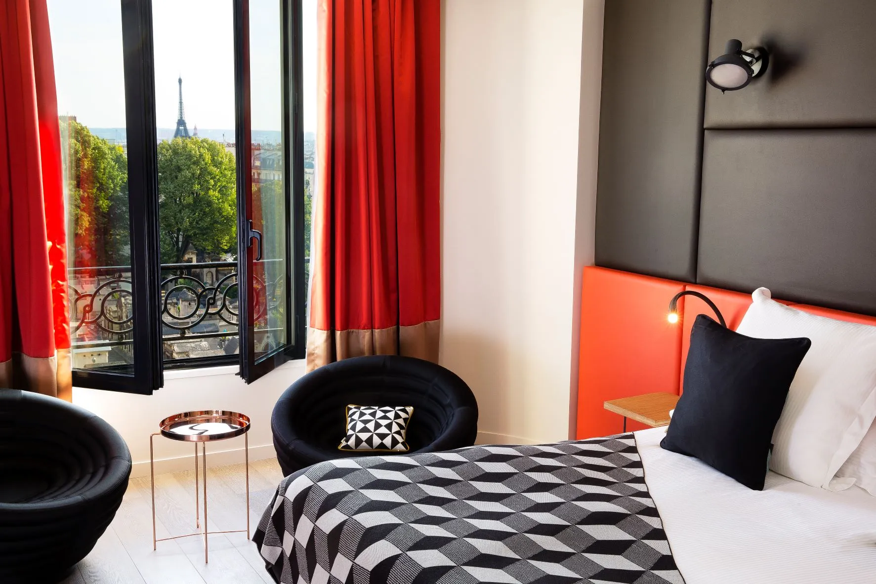 View from the bed in the exclusive "Terrass" suite at the Montmartre Hotel in Paris