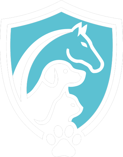 Fellsichert Logo. Wappenschild mit Umrissen eines Pferds, Hundes, einer Katze und Pfote auf blauem Hintergrund.