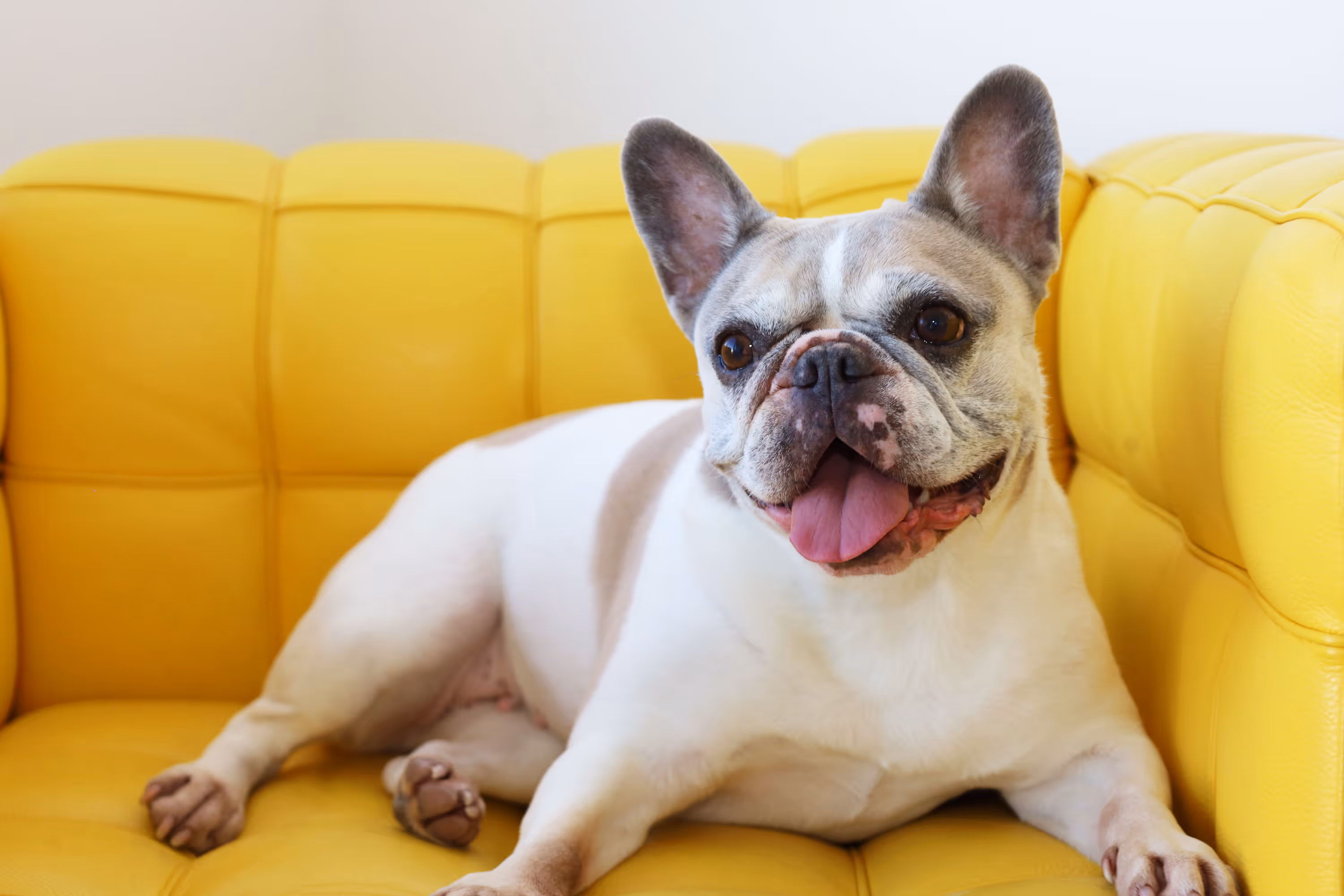 Französische Bulldogge mit herausgestreckter Zunge liegt auf gelbem Sofa.