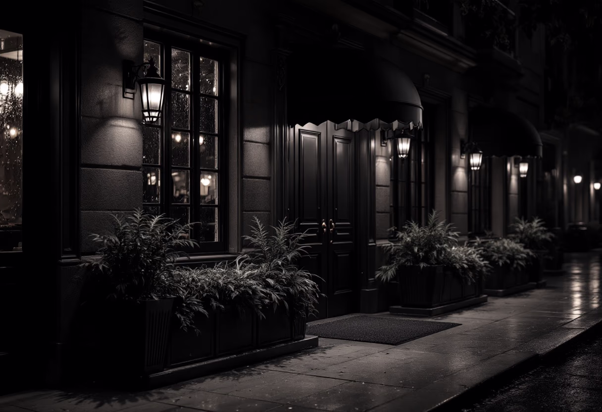 [background image] image of restaurant exterior at night (for a fine dining restaurant)