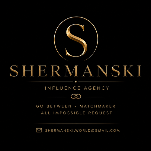 Shermanski Influence Agency logo with gold text and infinity symbol on black background.
