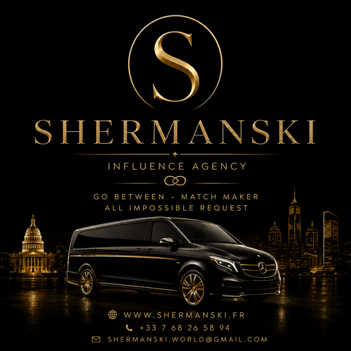 Shermanski Influence Agency logo above a black luxury van with gold skyline and contact details below.
