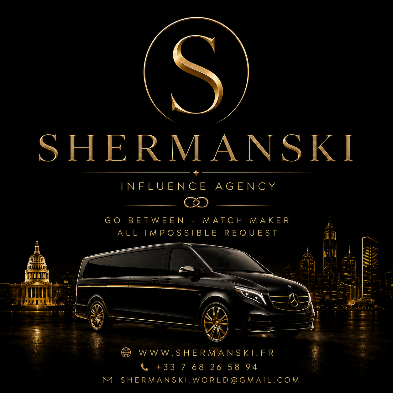 Shermanski Influence Agency logo above a black luxury van with gold skyline and contact details below.