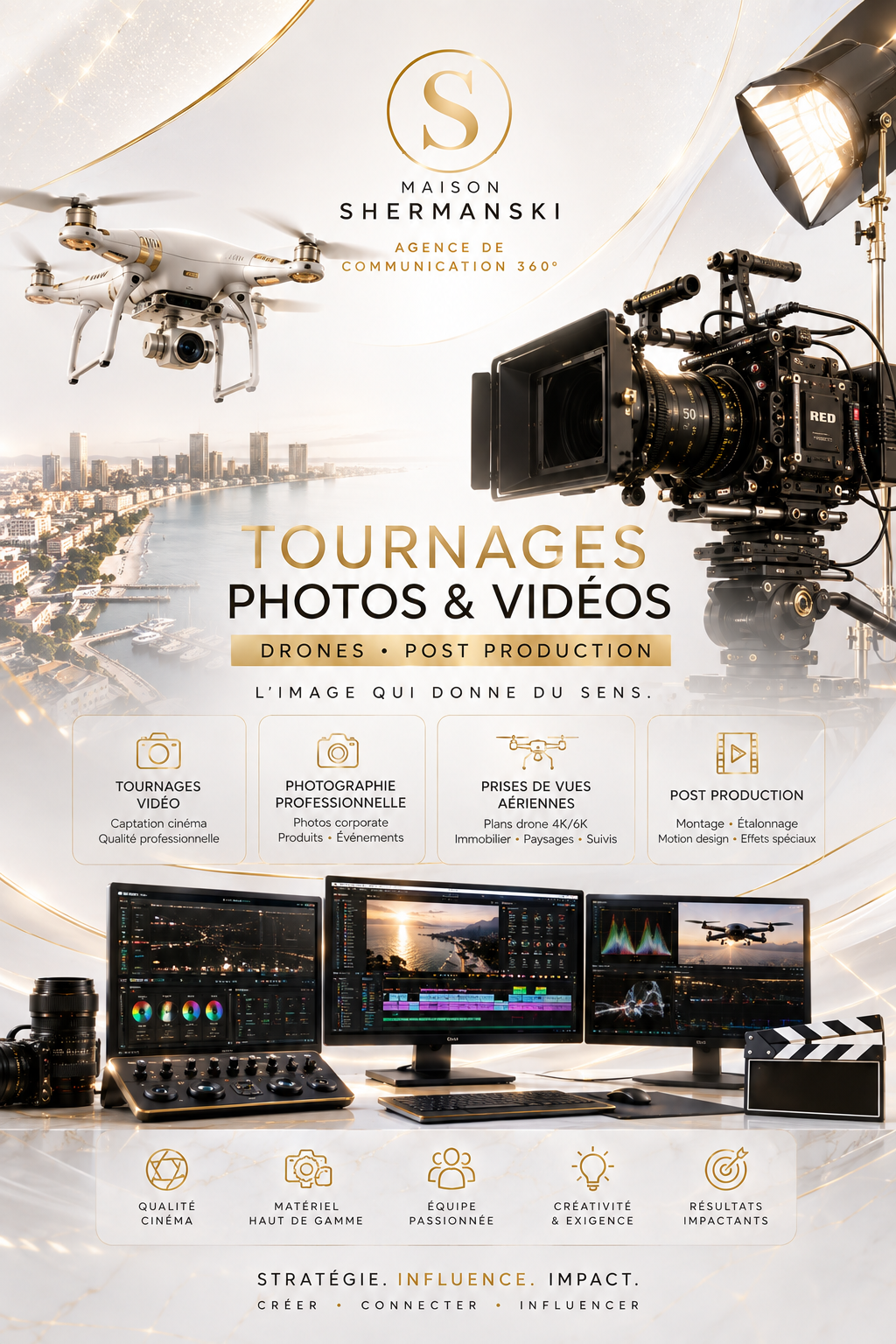 Publicité Maison Shermanski montrant drone, caméra pro, et montage vidéo pour tournages, photos et post production.