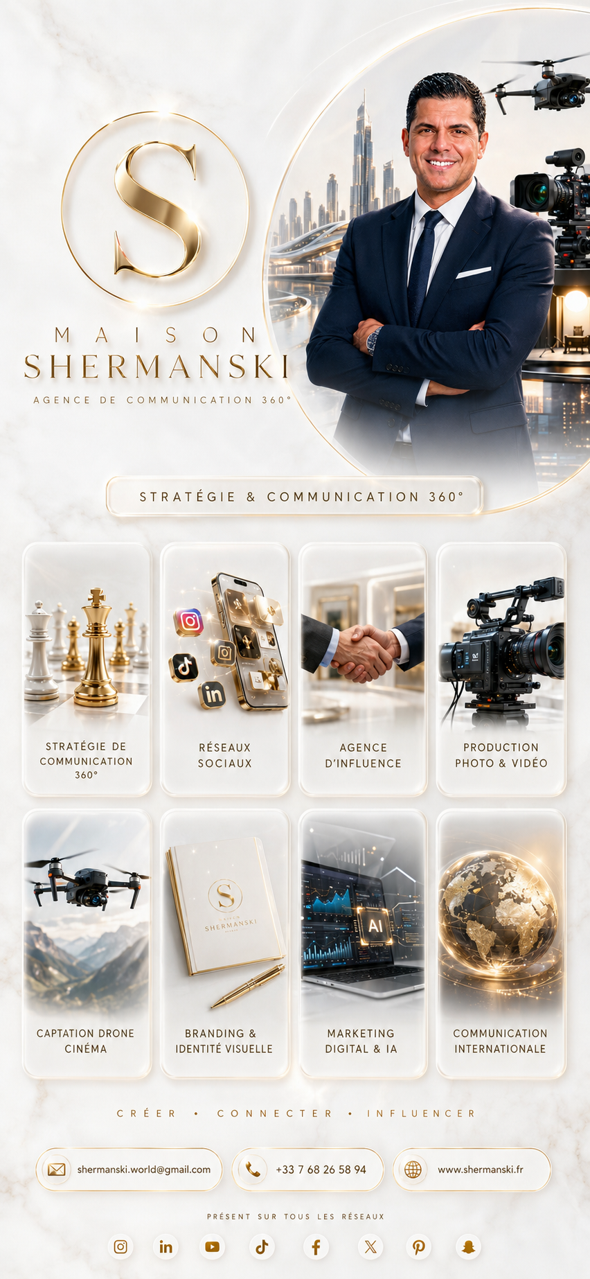 Publicité de Maison Shermanski, agence communication 360° avec services en stratégie, réseaux sociaux, vidéo, marketing IA.