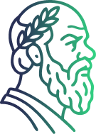 Outline illustration of a bearded man wearing a laurel wreath, facing right.