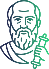 Line art of a bearded man holding a scroll, resembling a classical philosopher or scholar.