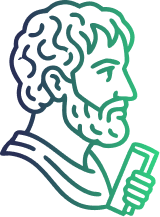 Outline illustration of a bearded man holding a scroll, facing right.