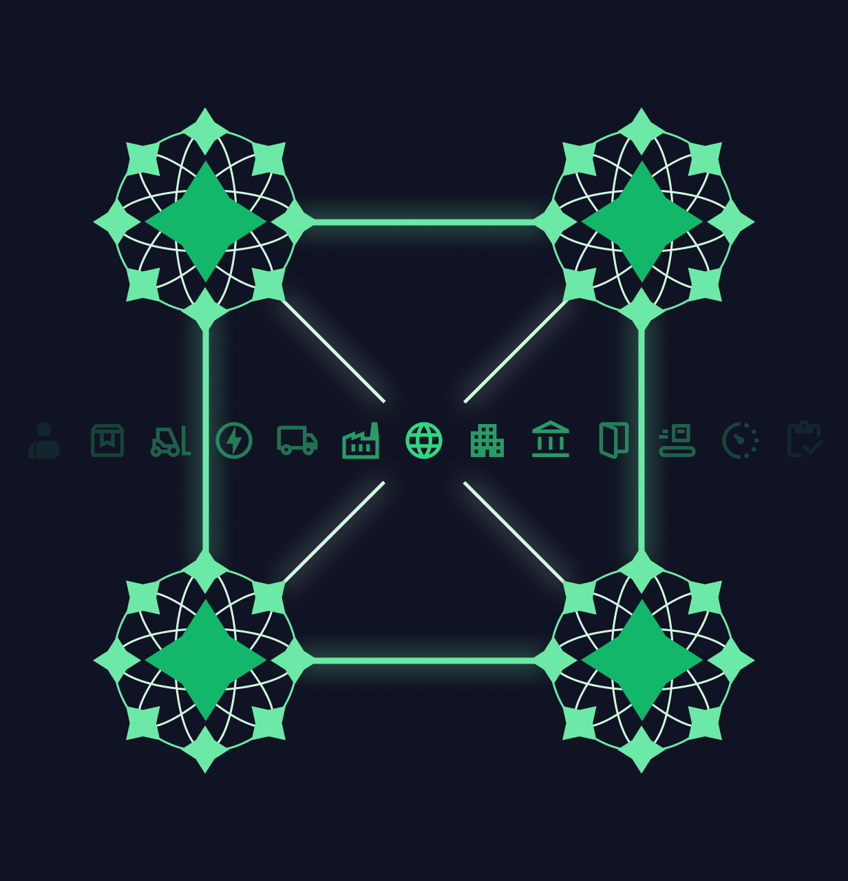 Four interconnected green geometric shapes connected by glowing lines with a row of faint icons in the background.