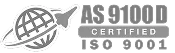 AS9100D Certified and ISO 9001 logos with globe and airplane icon.
