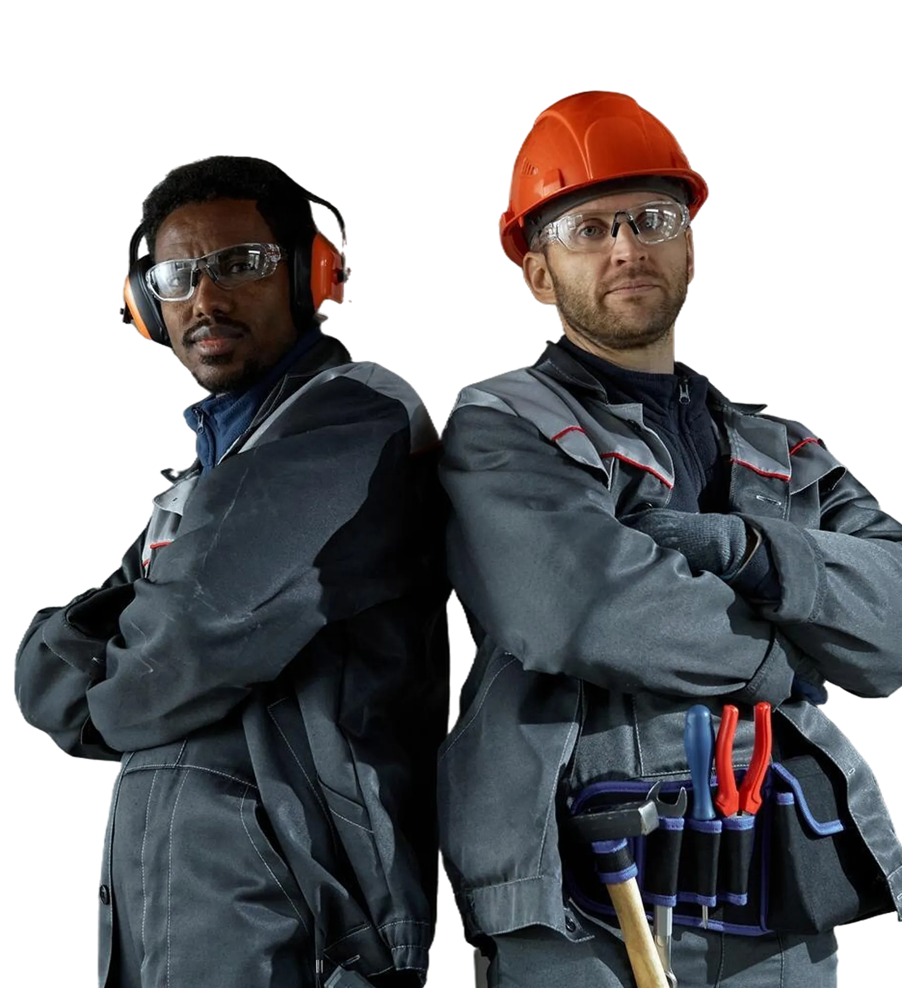 Two male construction workers back to back wearing safety gear and work clothes with tools on belt.