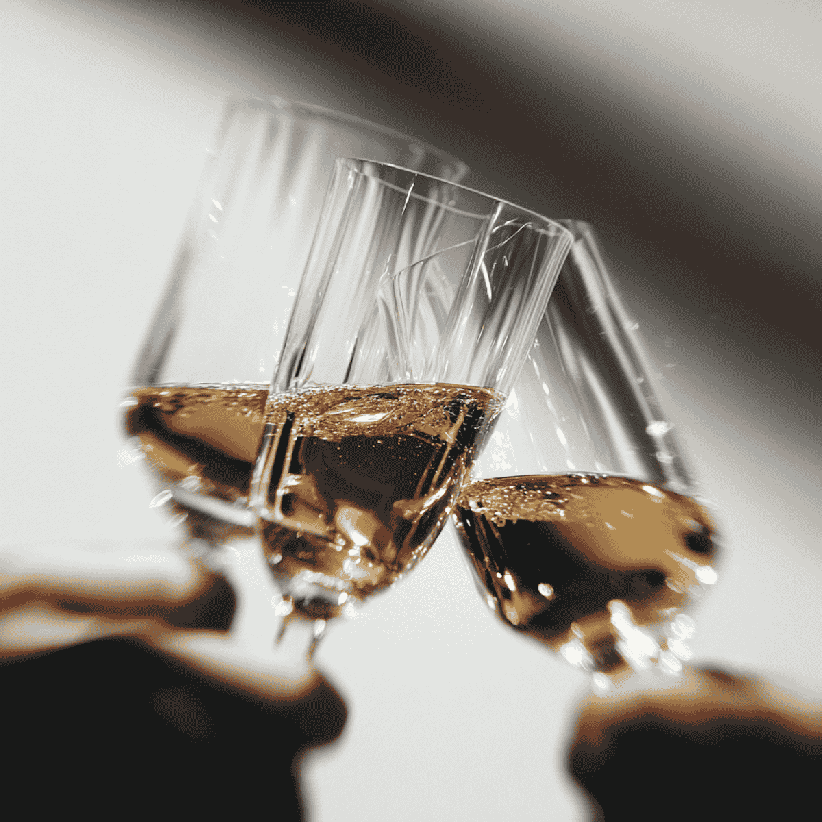 Three champagne glasses clinking together with golden bubbly liquid inside.