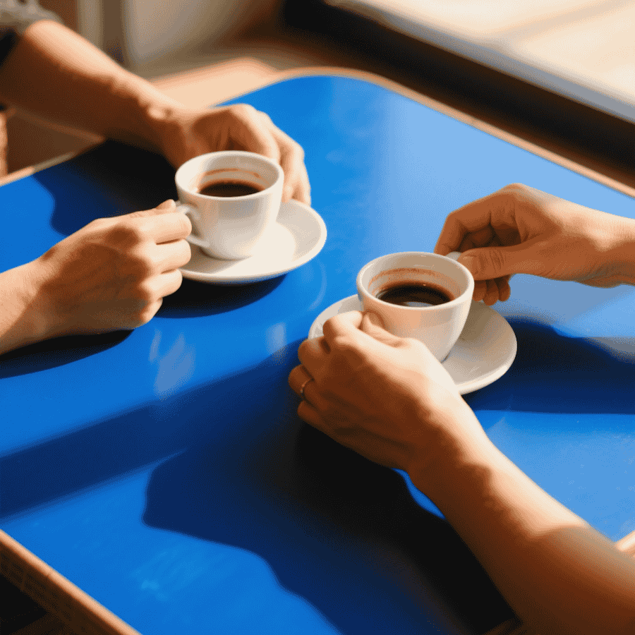 Two people holding white cups of coffee over a blue table in natural light.